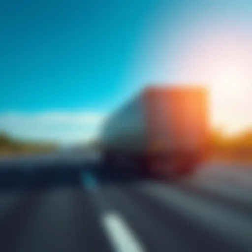 A shipping truck driving on a busy highway with a clear blue sky, illustrating the route from Florida to New York.