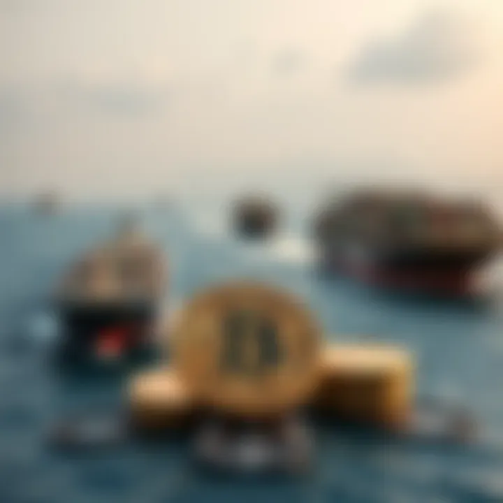 Ships in the Strait of Hormuz Cargo ships passing through the Strait of Hormuz with a crypto symbol in the foreground, illustrating the new fee policy by Iran