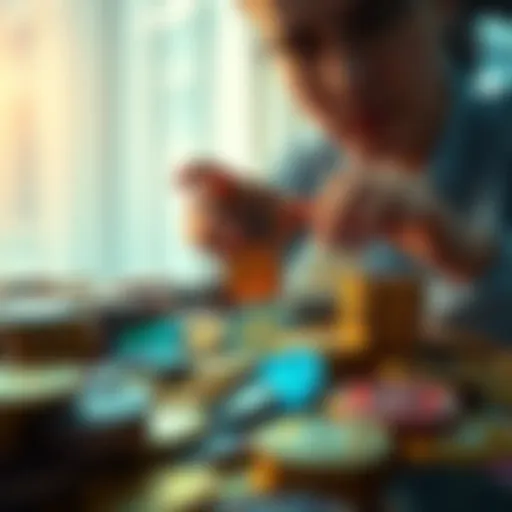 A person evaluating a collection of various colorful cryptocurrency coins on a table, analyzing their potential value.