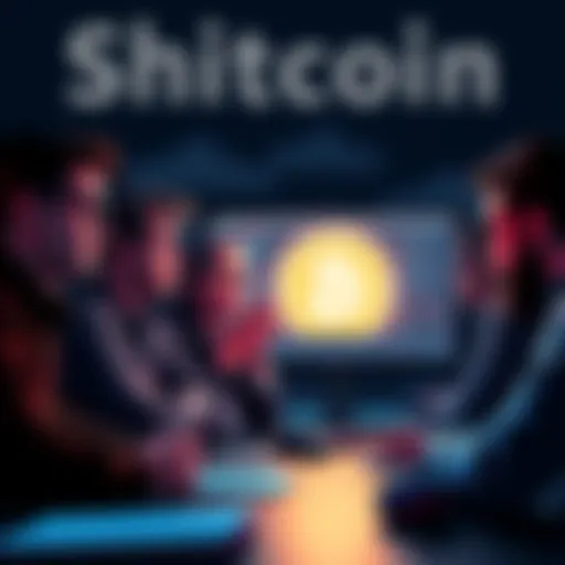 People discussing a newly branded cryptocurrency, with expressions of skepticism and debate around a computer screen.