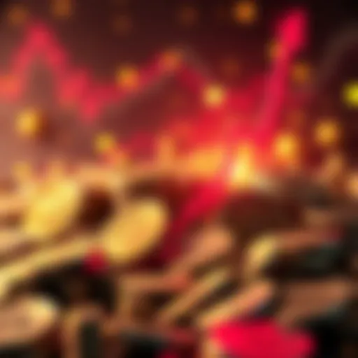 A visual representation of rising cryptocurrency values with coins and a graph showing sharp increase, symbolizing potential investment gains in Shitcoins.
