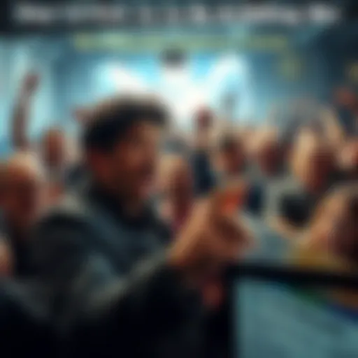 A crowd reacting in surprise to shocking news, with people discussing and pointing at a news article.
