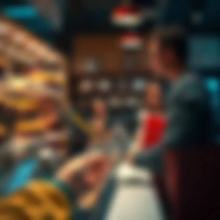 A person stands at a Lisbon bakery counter, holding a crypto card while a cashier looks concerned about a decline in transaction approval.