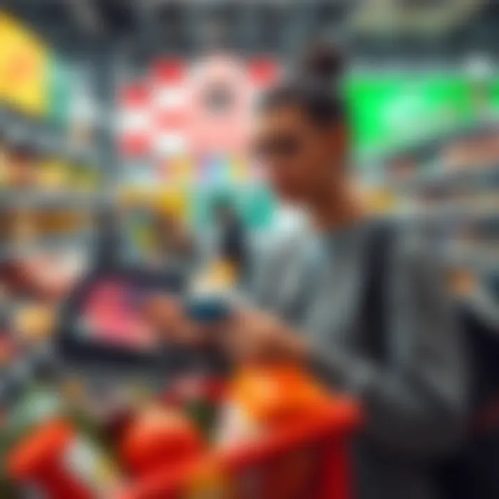 A shopper at a supermarket looking disappointed while holding a payment card, with groceries in the basket and a checkout counter in the background
