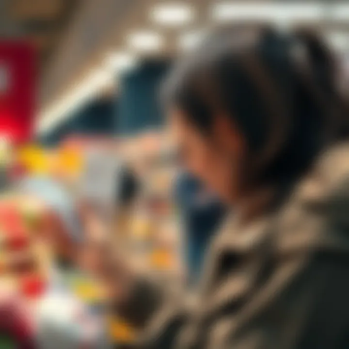 A shopper looks closely at a grocery receipt with coupons and discounts highlighted, confused about the total savings.
