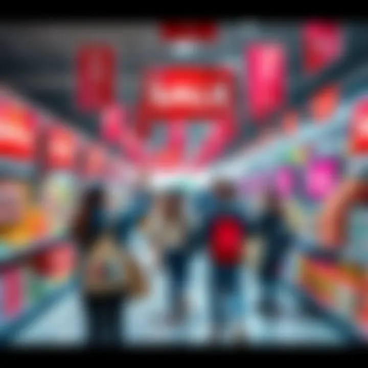 A group of excited shoppers exploring a store filled with colorful sale signs and various products.