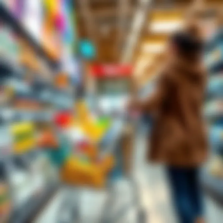 A person shopping with a cart filled with various products, illustrating the buying experience