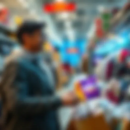 A person browsing in a store, looking cheerful while selecting new items after selling their old belongings due to divorce.