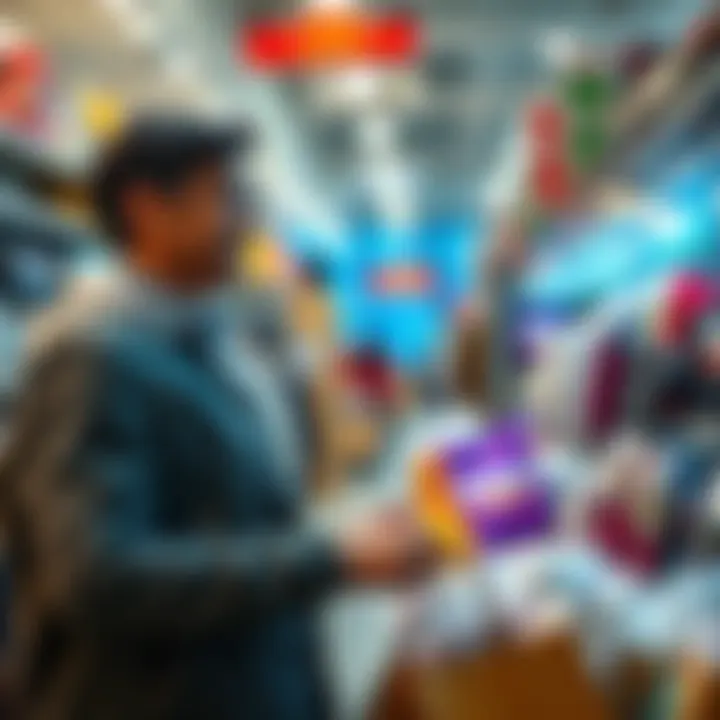 A person browsing in a store, looking cheerful while selecting new items after selling their old belongings due to divorce.