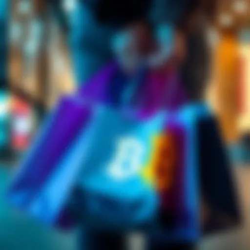 A person holding shopping bags with a Bitcoin logo visible, showing a shift in consumer spending habits