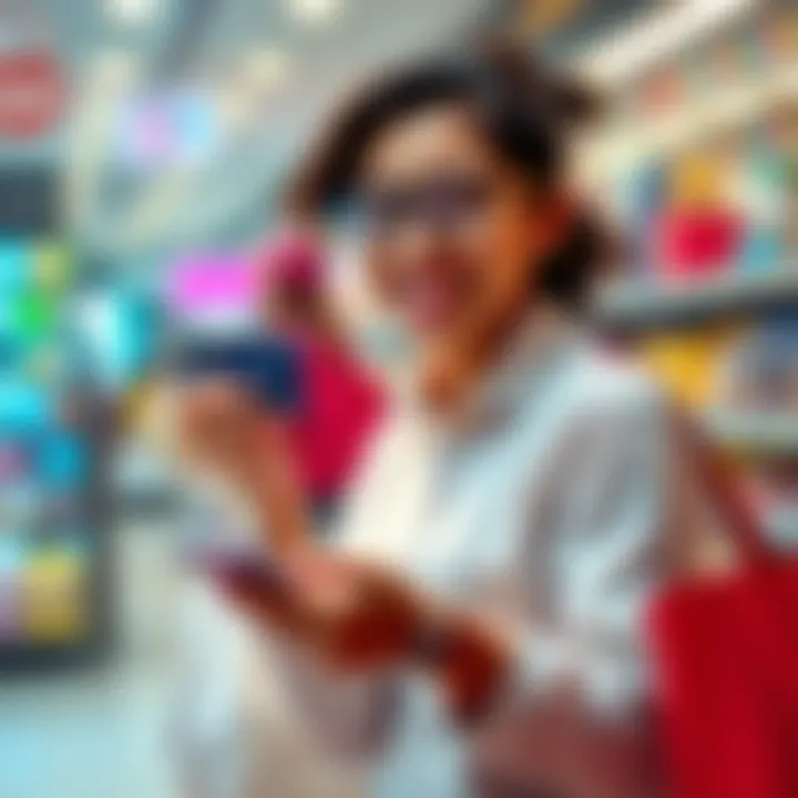 Shopping with #BitMartCard A person shopping with a credit card, showing excitement for cashback rewards