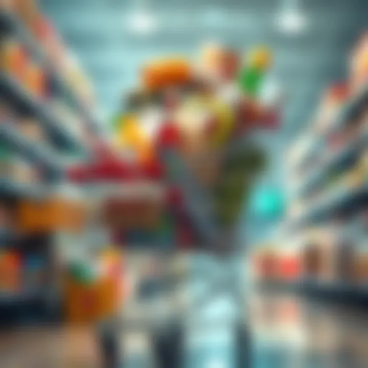 Shopping Cart Full of Essentials A shopping cart overflowing with groceries and household items, symbolizing panic buying during peak times.