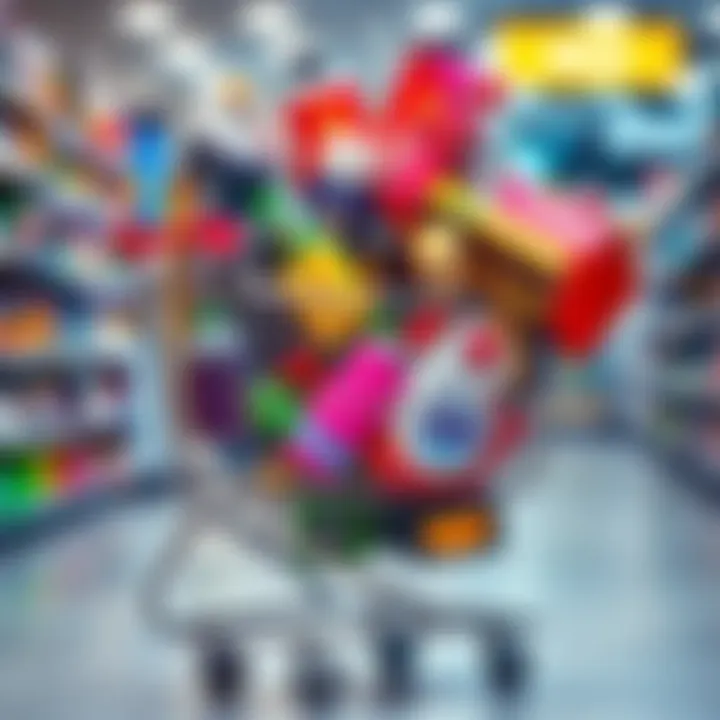 A shopping cart overflowing with various consumer goods, symbolizing excessive consumption in modern society.