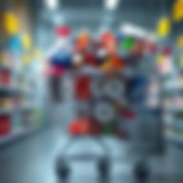 A shopping cart overflowing with essential items like toilet paper, canned goods, and bottled water, showing signs of panic buying
