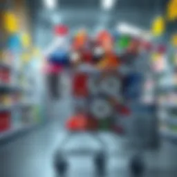 Shopping Cart Filled with Supplies A shopping cart overflowing with essential items like toilet paper, canned goods, and bottled water, showing signs of panic buying