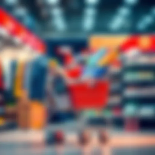 A shopping cart filled with various items like clothes, electronics, and groceries, symbolizing current buying trends.