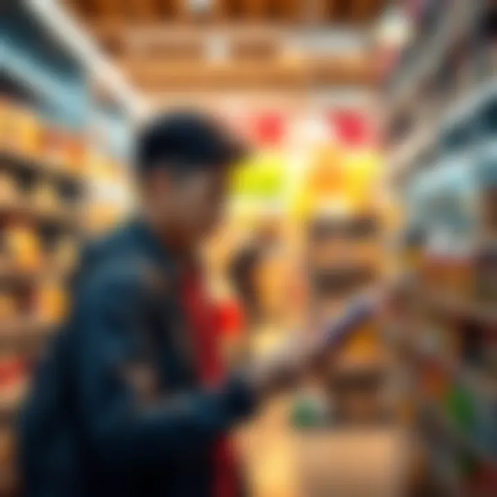 A person weighing options at a store, looking at products and considering whether to buy now or wait.