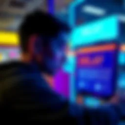 Shopping Delay Notification A person looking frustrated at a checkout screen showing a delay in rewards for shopping and arcade scores.