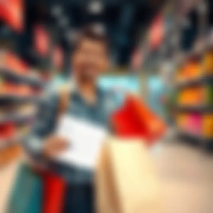 Shopping Guide A person holding shopping bags and a checklist in a store, looking happy and organized while shopping.