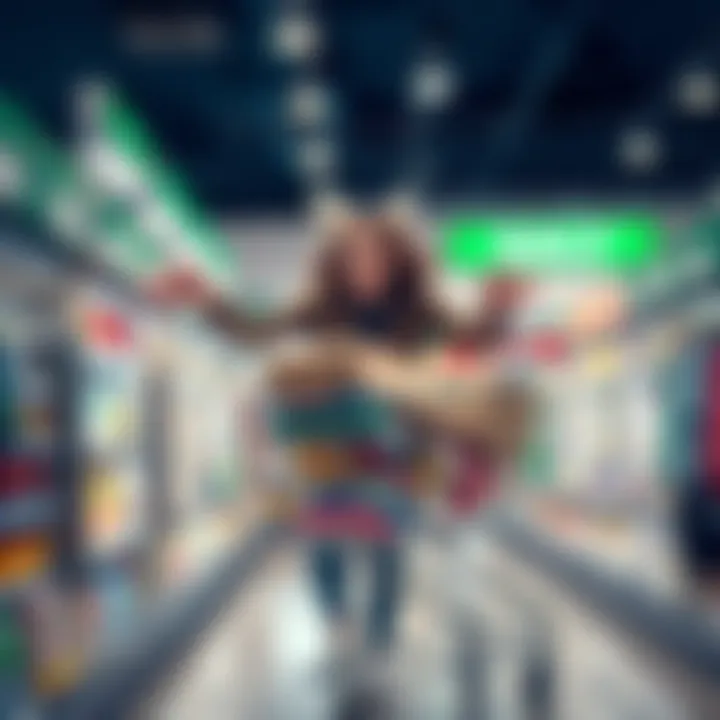 A person shopping with a shopping cart filled with items, looking excited and hurried in a store, symbolizing limited availability and urgency to buy.