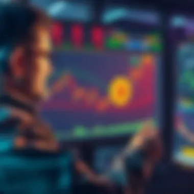 A trader looking at a Bitcoin chart showing downward trends and potential losses while monitoring the cryptocurrency market.