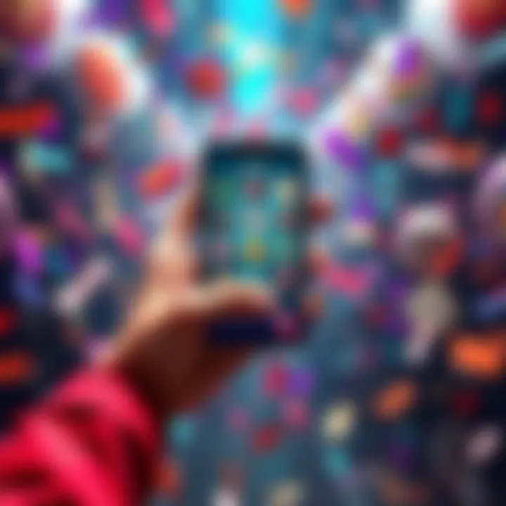 A person holds their phone displaying unlocked badges with excitement, surrounded by colorful badges and confetti.