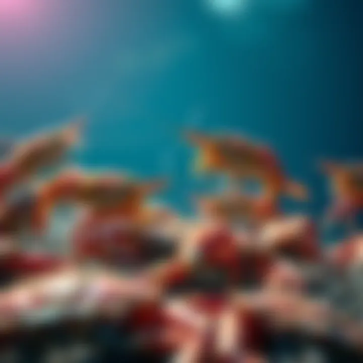 Shrimps Eating Crabs A group of shrimps actively feeding on crabs and fish on the ocean floor, illustrating a shift in marine food dynamics.