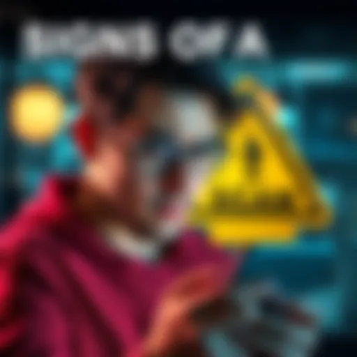 A concerned person looking at their phone, with a warning sign in the background to indicate potential scamming activity.