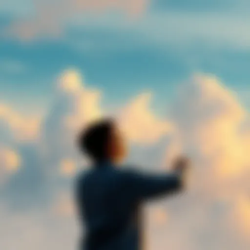 A person observing the sky, looking for signs of upcoming events, with clouds forming shapes in the background.