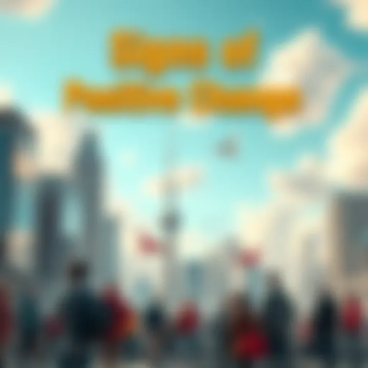 A vibrant city skyline with bright skies and people engaging in tech and community activities, symbolizing hope and future trends.