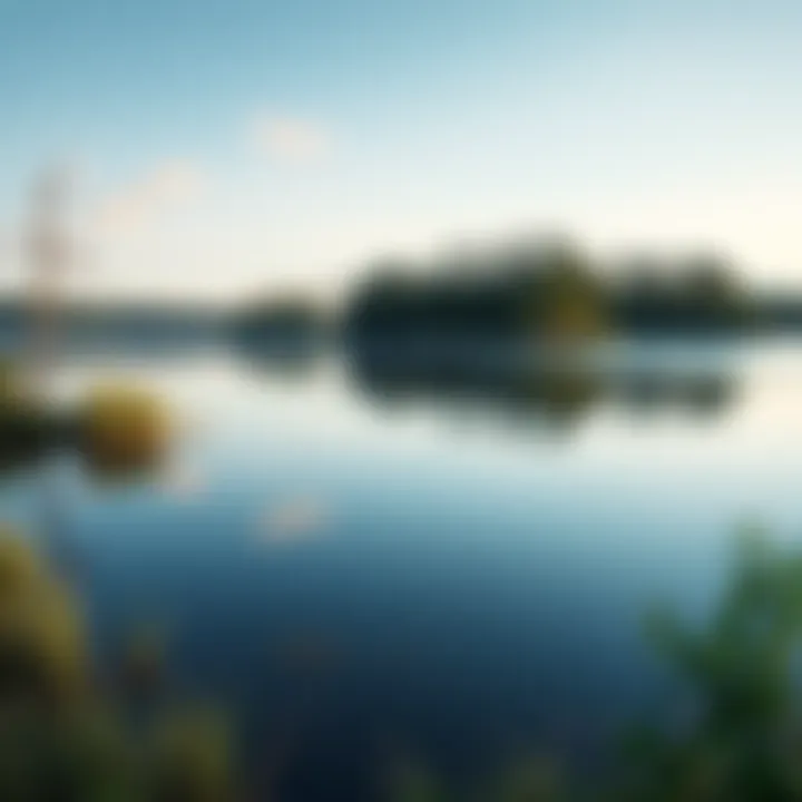 A serene nature scene showing a calm lake surrounded by trees under a clear sky, representing moments of silence and reflection.