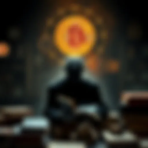 A shadowy figure representing a deceased cryptographer, surrounded by old books and cryptography symbols, hinting at secrets of Satoshi Nakamoto.