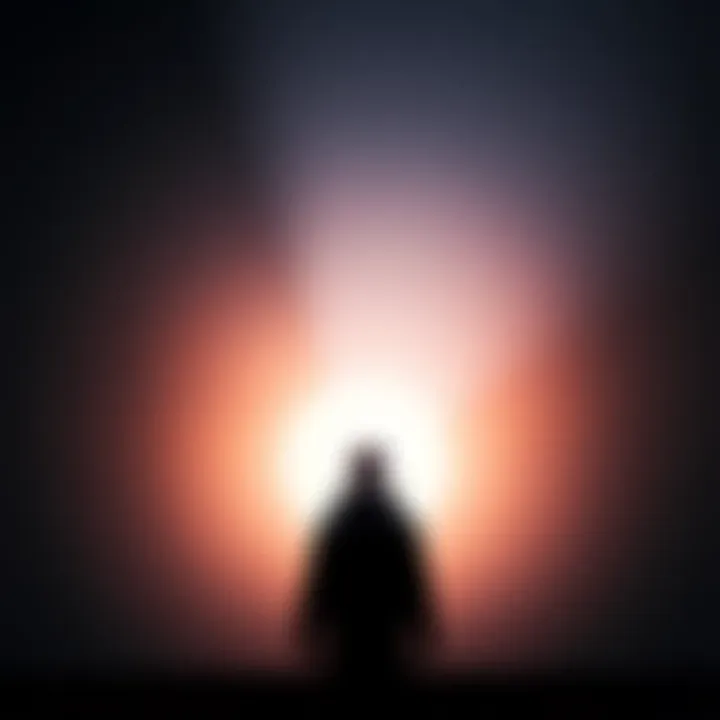 A silhouette stands before a bright light, symbolizing the journey after death and the afterlife.