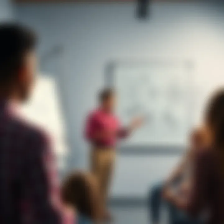 A person explaining a complex idea using a whiteboard with clear visuals to a small group of engaged listeners.