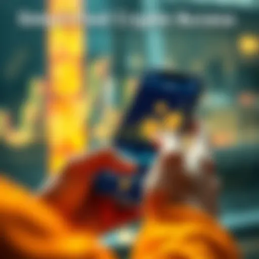 A person using a smartphone app to manage cryptocurrency easily, with graphs and coins on the screen