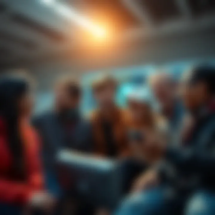 A group of diverse people watching educational videos on cryptocurrency together, smiling and discussing ideas.