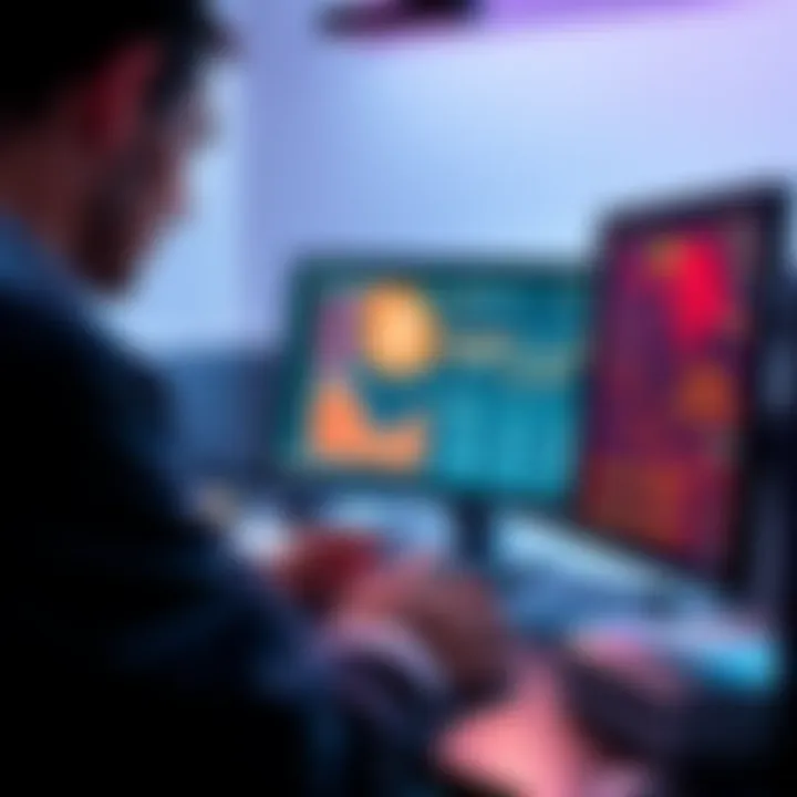 A person easily mining Monero with user-friendly software on a computer, showing mining graphics on the screen
