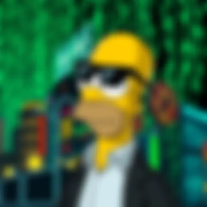 Homer Simpson wears sunglasses in a digital city, with Matrix code in the background