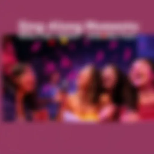 A group of friends joyfully singing along at a concert, sharing laughter and smiles, with music notes in the air.