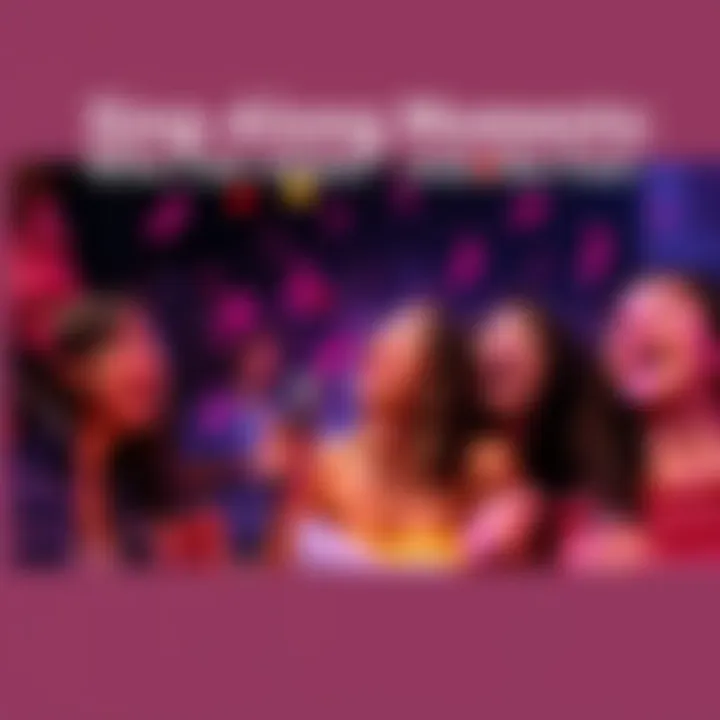 A group of friends joyfully singing along at a concert, sharing laughter and smiles, with music notes in the air.