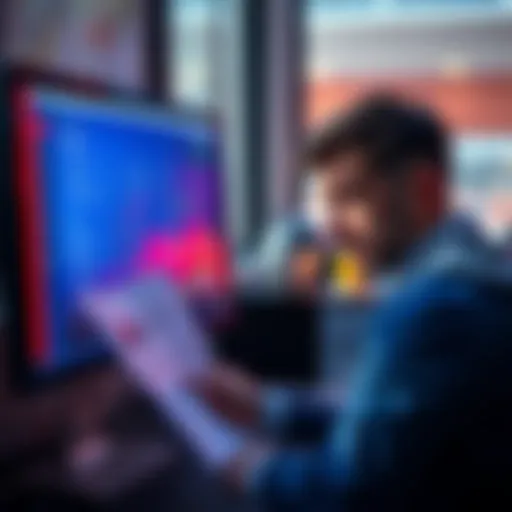 A person reviews a financial document while looking confused at a computer screen displaying account options.