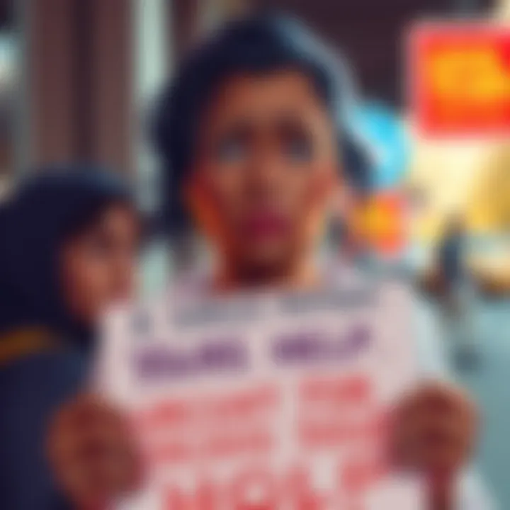 Single Mother Seeking Help A single mother holding a sign asking for Dogecoin support to avoid eviction, with a worried expression on her face.