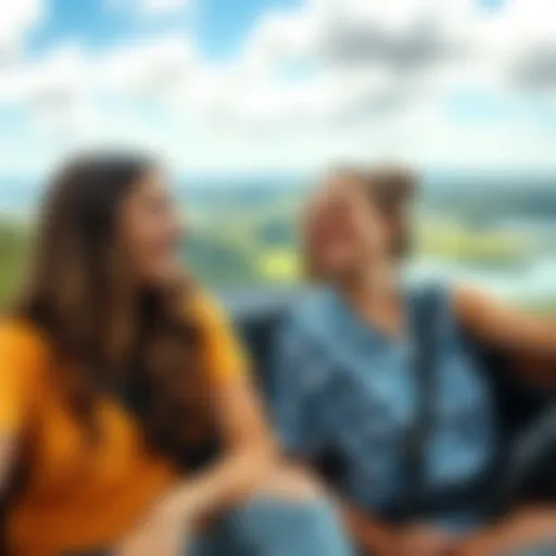 Two sisters laughing and enjoying a scenic view during their summer road trip