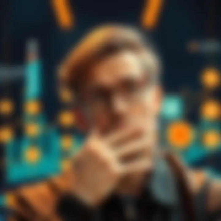 A digital representation of a skeptical bitcoin holder, showcasing a thoughtful expression and cryptocurrency symbols in the background, set in a modern digital environment.