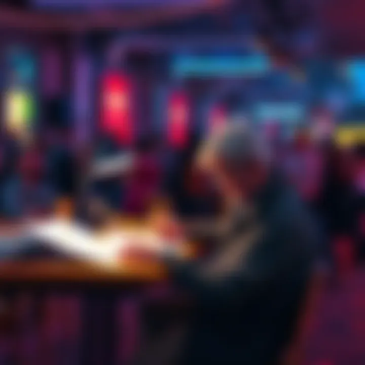 An artist sits at a table, sketching with pencils, while people socialize and enjoy the event around them.