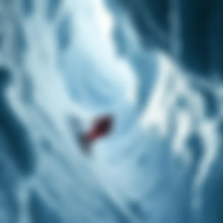 A skier has fallen into a deep glacier crevasse in the French Alps, surrounded by snow and ice.