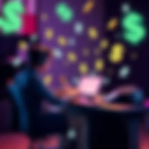 A person sitting at a desk with a laptop, showcasing various skills like art, writing, and coding, while dollar signs float around them.