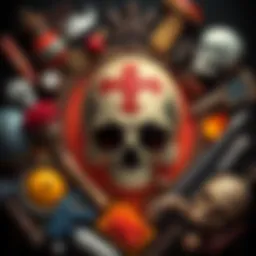 A detailed illustration of a skull symbol surrounded by cultural artifacts and art elements, representing its significance in various contexts.