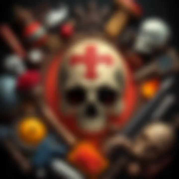 A detailed illustration of a skull symbol surrounded by cultural artifacts and art elements, representing its significance in various contexts.