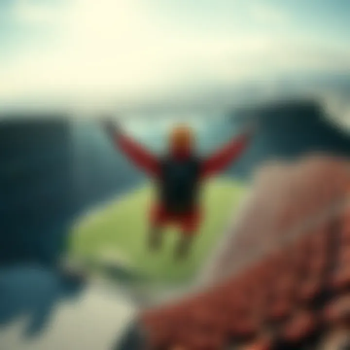 A person skydiving with a soccer stadium in the background, promoting a $50K challenge from a memecoin group.